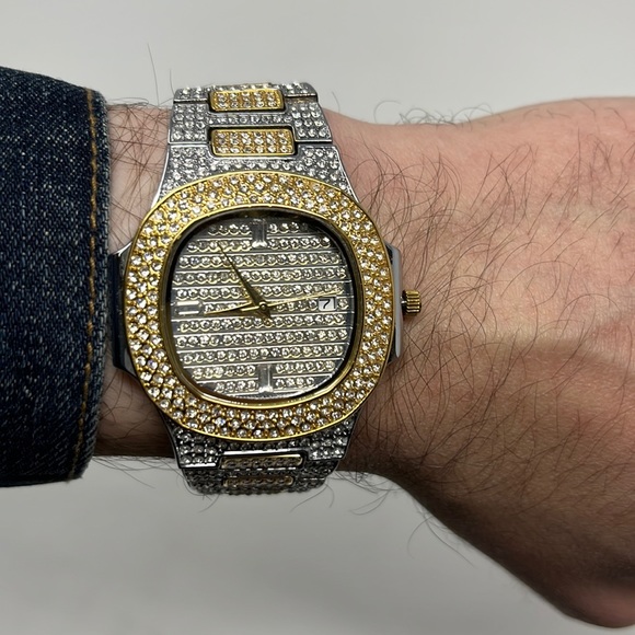 Mens cz diamond watch 2 tone gold and silver - Picture 1 of 4